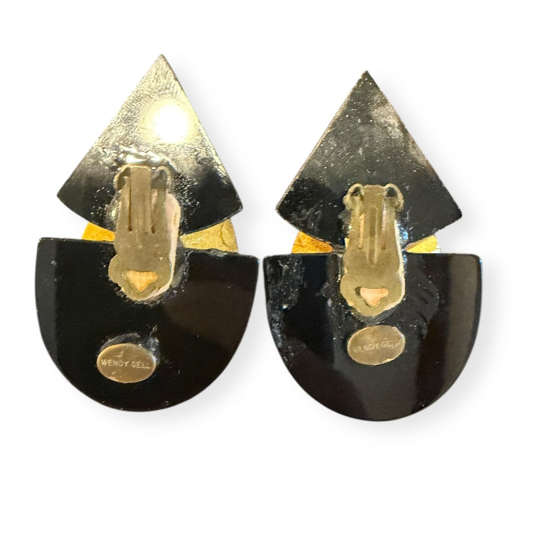 Vintage Wendy Gell Signed Huge Crystal Black Geometric Clip Earrings 1980s