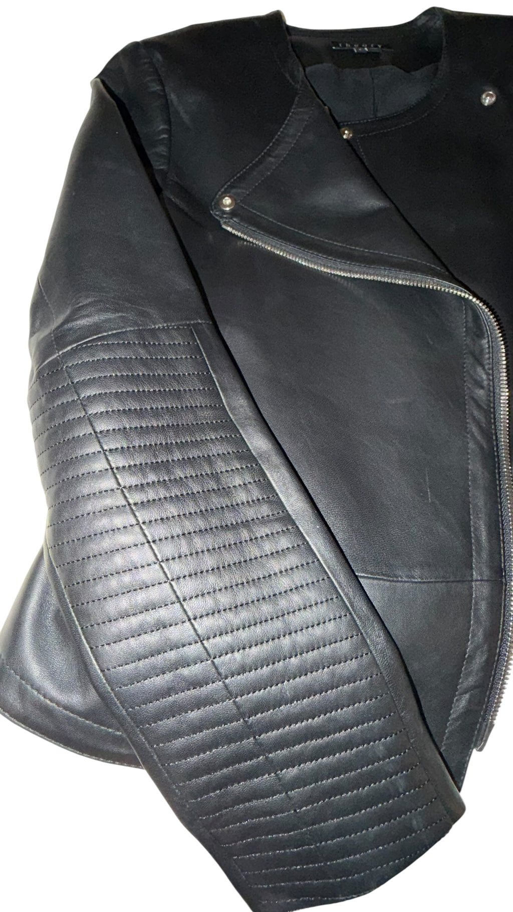 Theory Black Leather Moto Biker Jacket Quilted Sleeves Sz 8