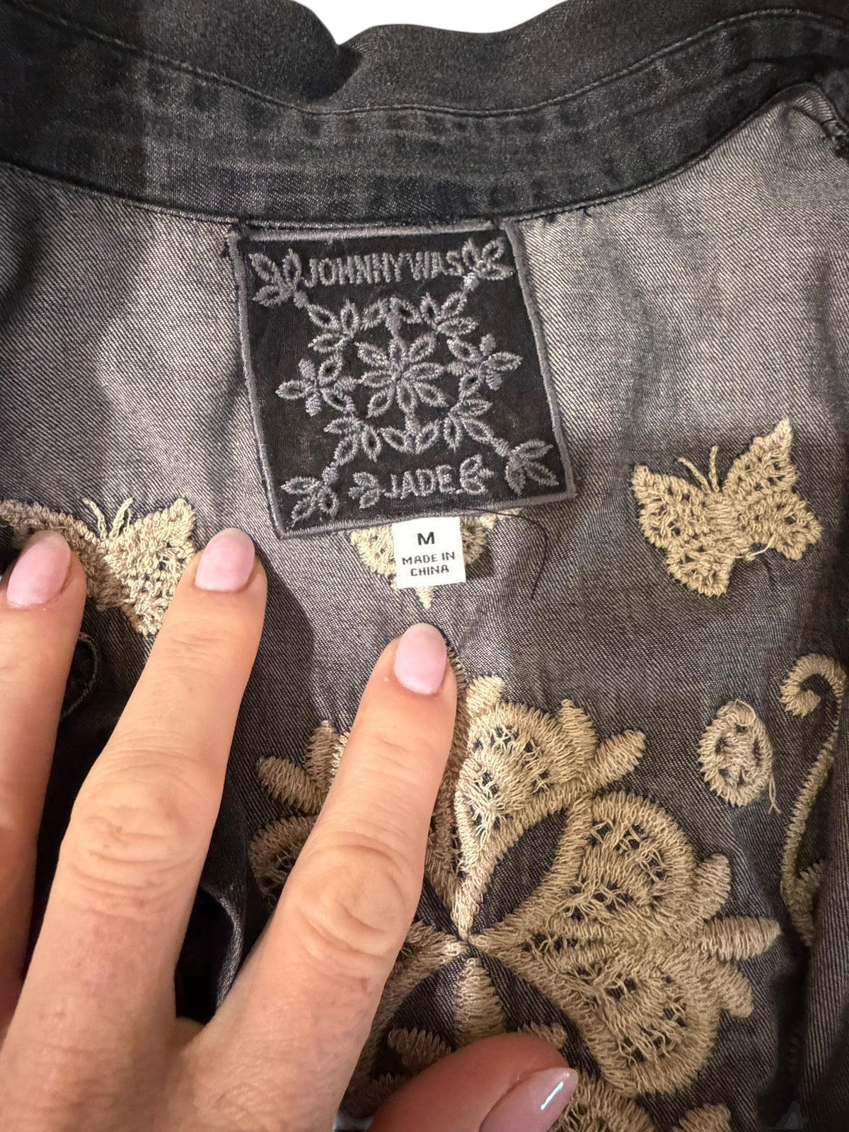 Johnny Was Embroidered Black Denim Babydoll Shirt Jacket M