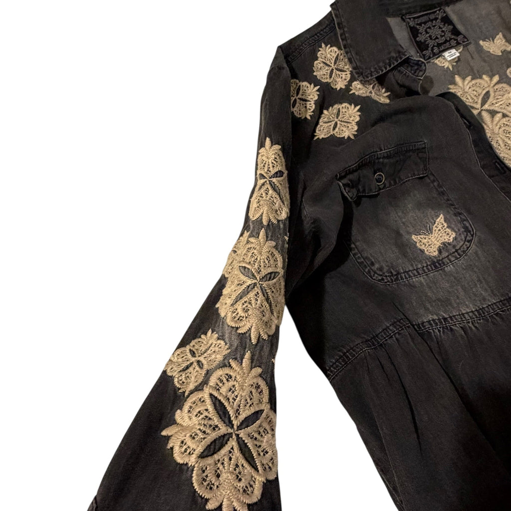 Johnny Was Embroidered Black Denim Babydoll Shirt Jacket M