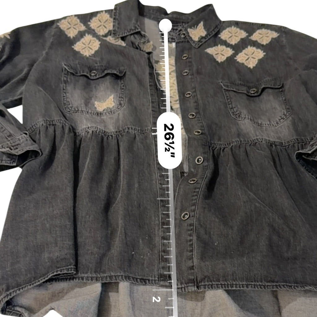 Johnny Was Embroidered Black Denim Babydoll Shirt Jacket M