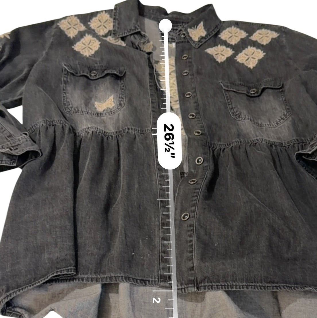 Johnny Was Embroidered Black Denim Babydoll Shirt Jacket M