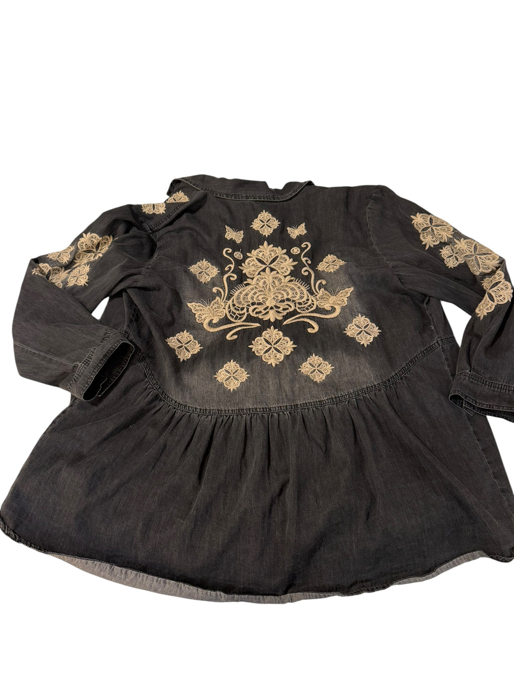 Johnny Was Embroidered Black Denim Babydoll Shirt Jacket M