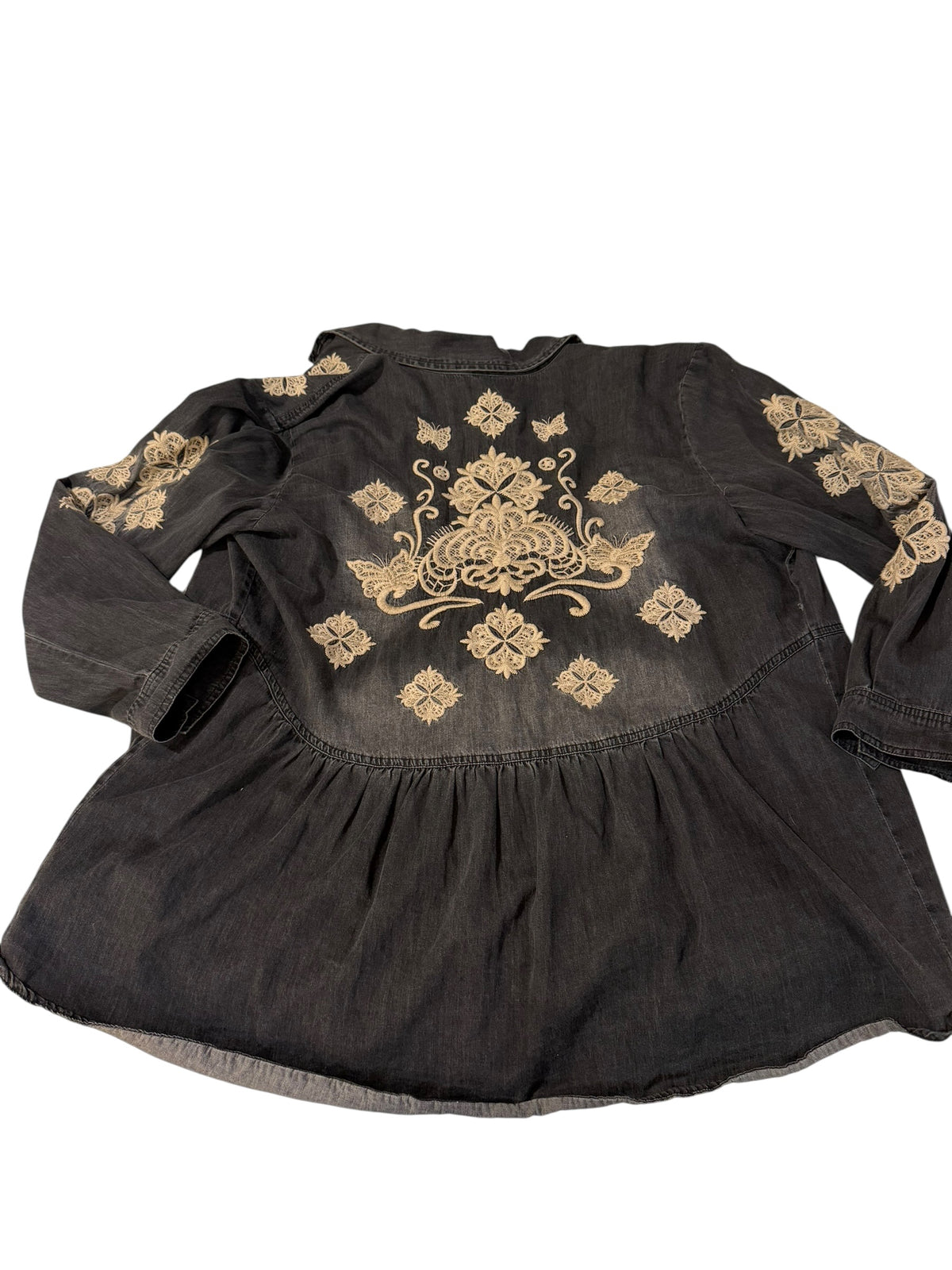 Johnny Was Embroidered Black Denim Babydoll Shirt Jacket M