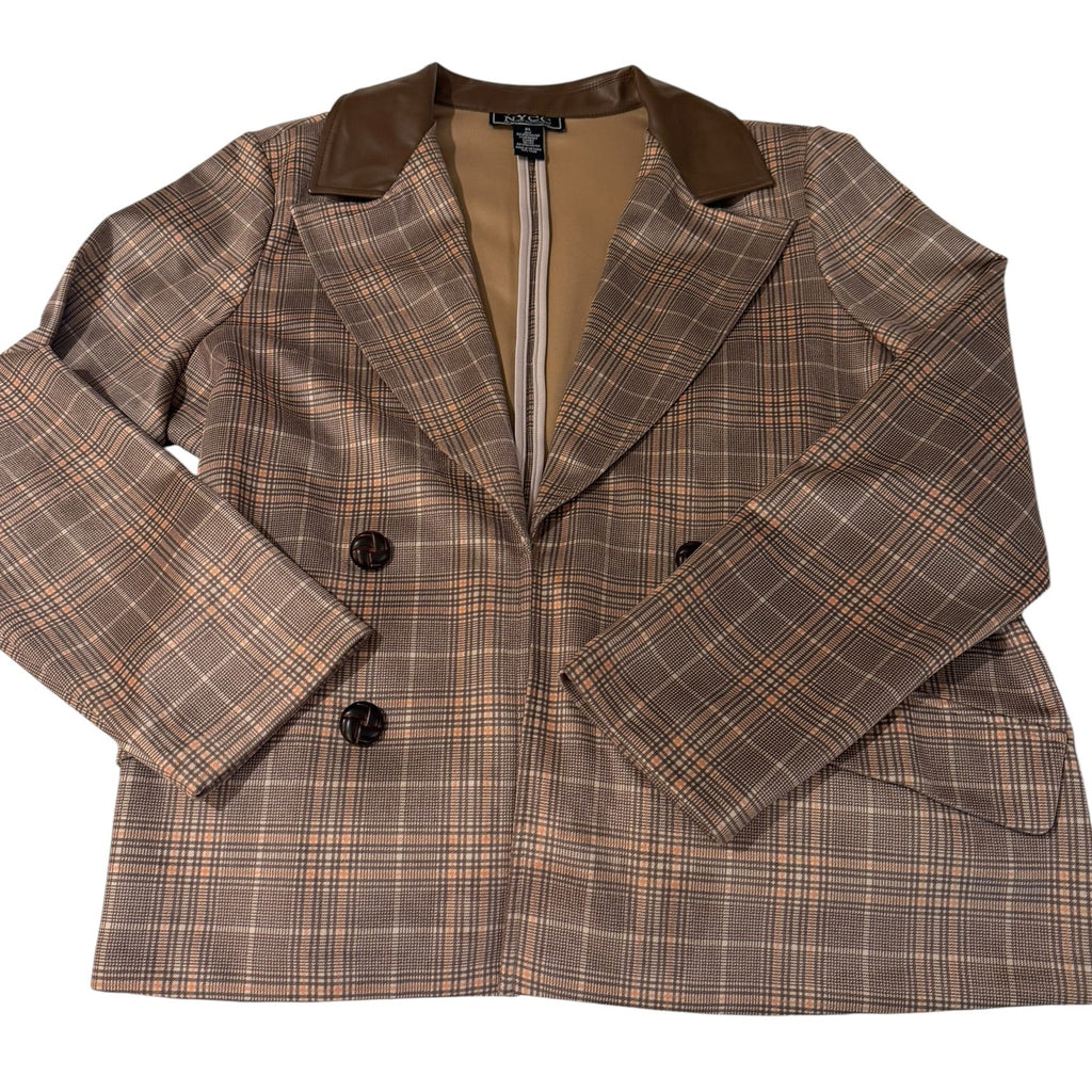 NYCC XL Brown Plaid Double Breasted Faux Leather Collar Blazer