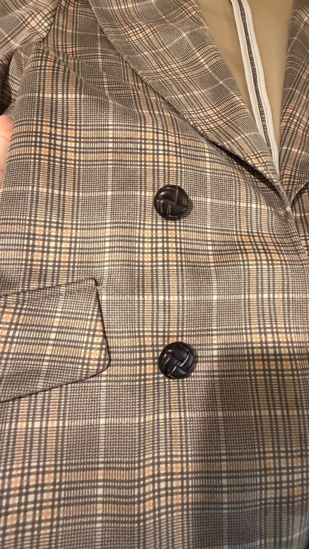 NYCC XL Brown Plaid Double Breasted Faux Leather Collar Blazer