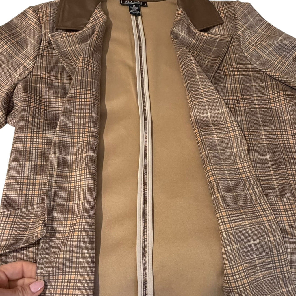 NYCC XL Brown Plaid Double Breasted Faux Leather Collar Blazer
