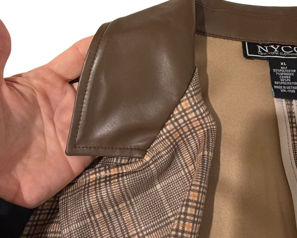 NYCC XL Brown Plaid Double Breasted Faux Leather Collar Blazer
