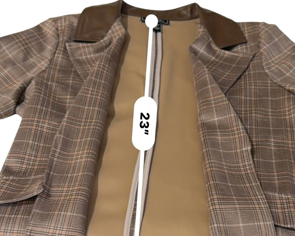 NYCC XL Brown Plaid Double Breasted Faux Leather Collar Blazer