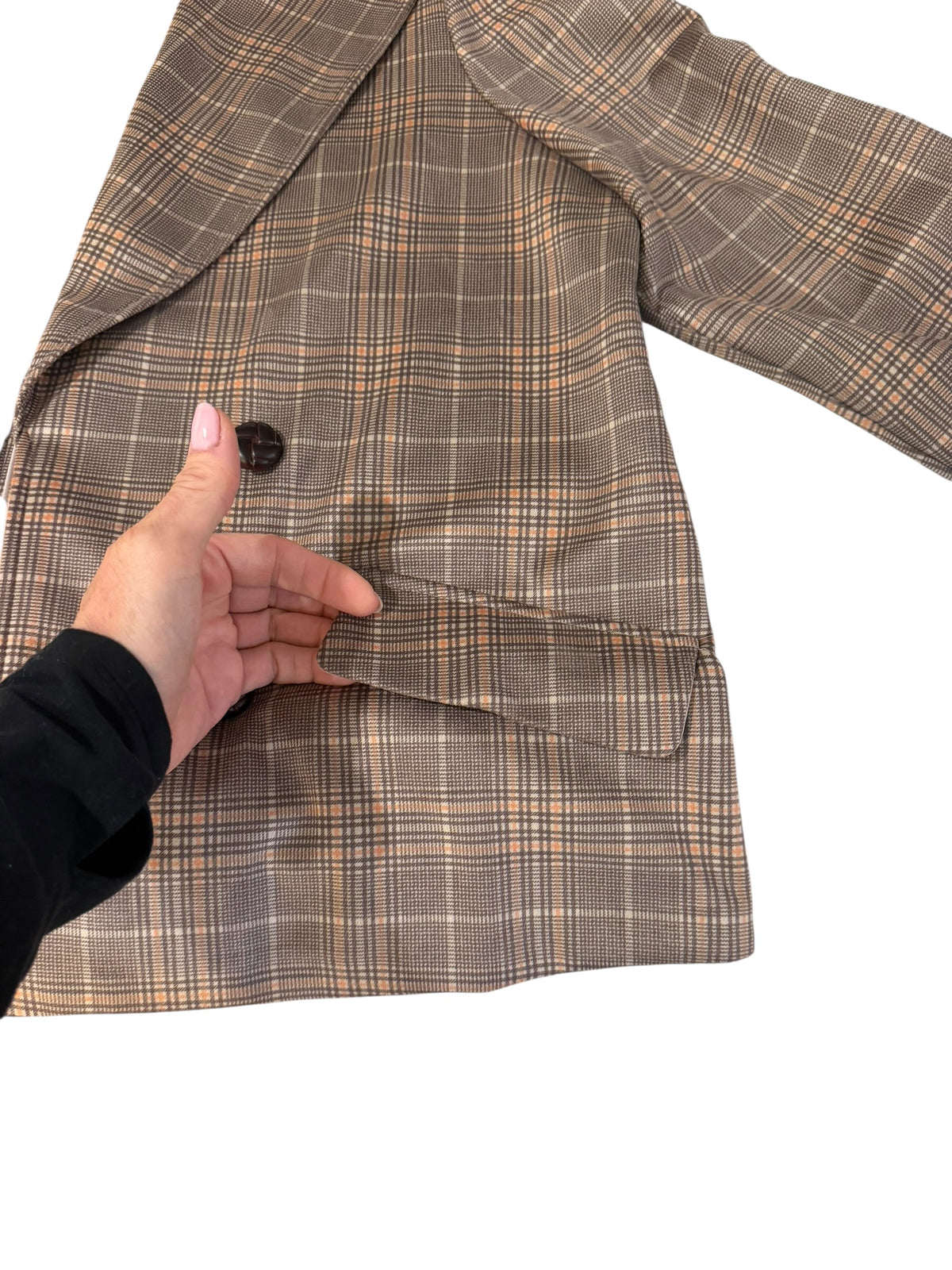 NYCC XL Brown Plaid Double Breasted Faux Leather Collar Blazer