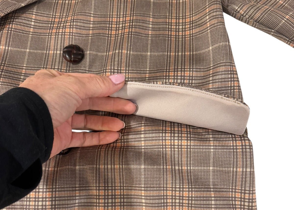 NYCC XL Brown Plaid Double Breasted Faux Leather Collar Blazer