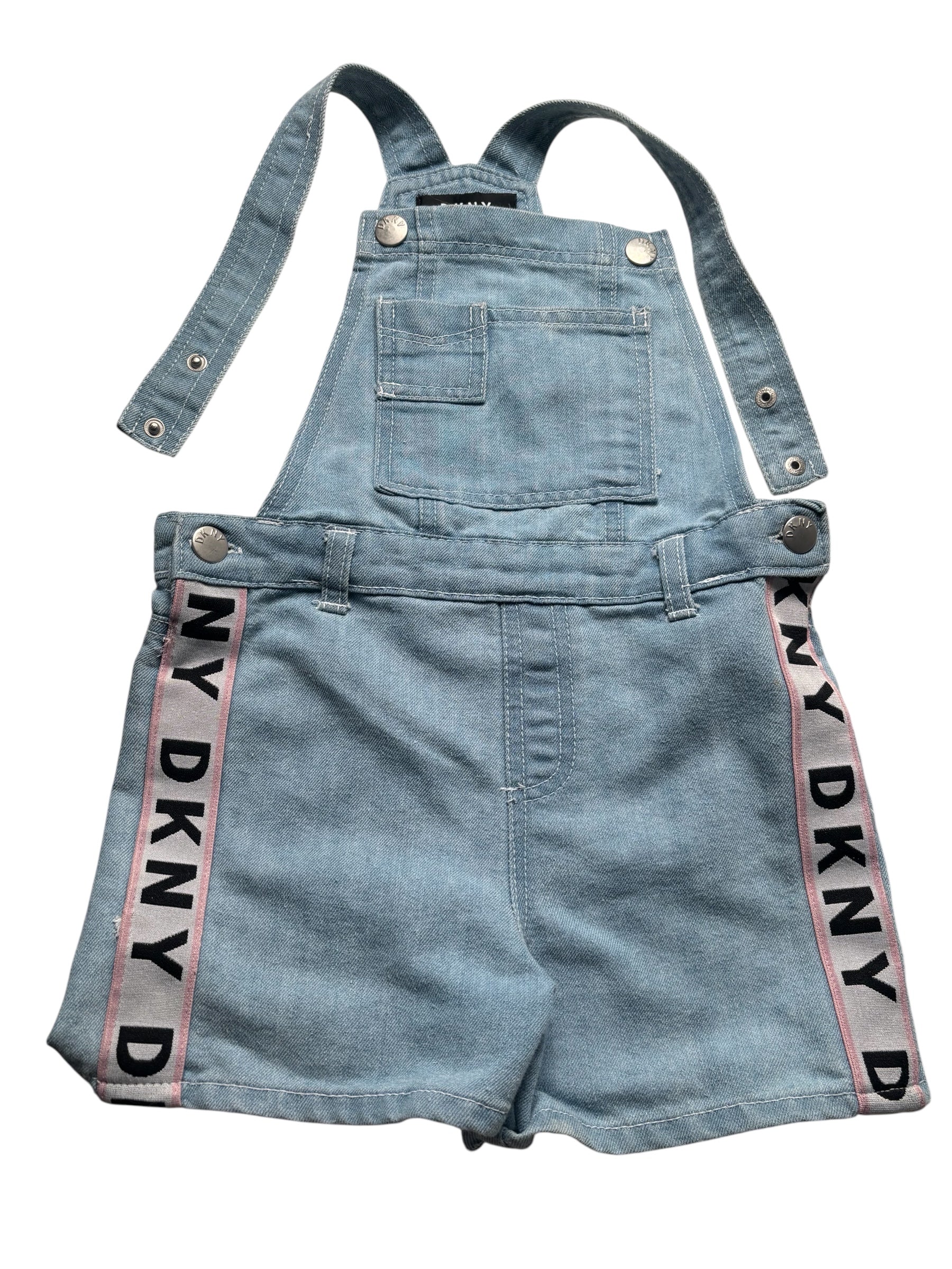 DKNY Girls Denim Shortalls Overalls Logo Tape Light Wash Size 6/8 Small KDS 09