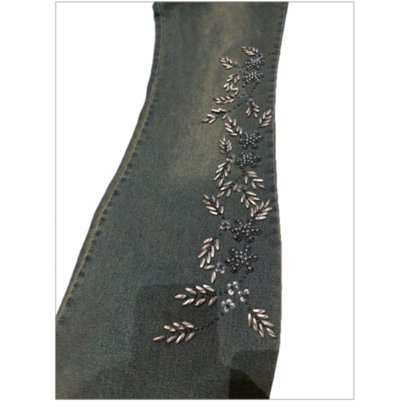 Y2K Vavino Embellished Flare Jeans Womens Boho Floral Denim Pants