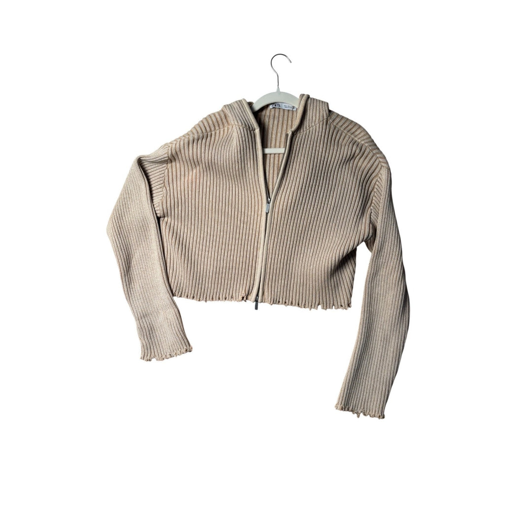 Copied - ZARA Knit Sweater Womens Large Beige Cropped Ribbed Zip Hoodie Cardigan Trendy