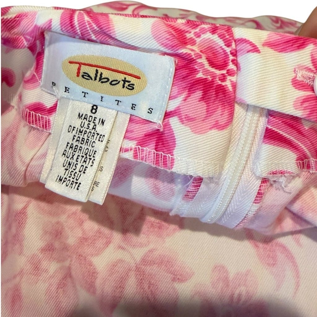 Talbots Petites 8P Pink White Floral Rose Skirt A-Line Y2K