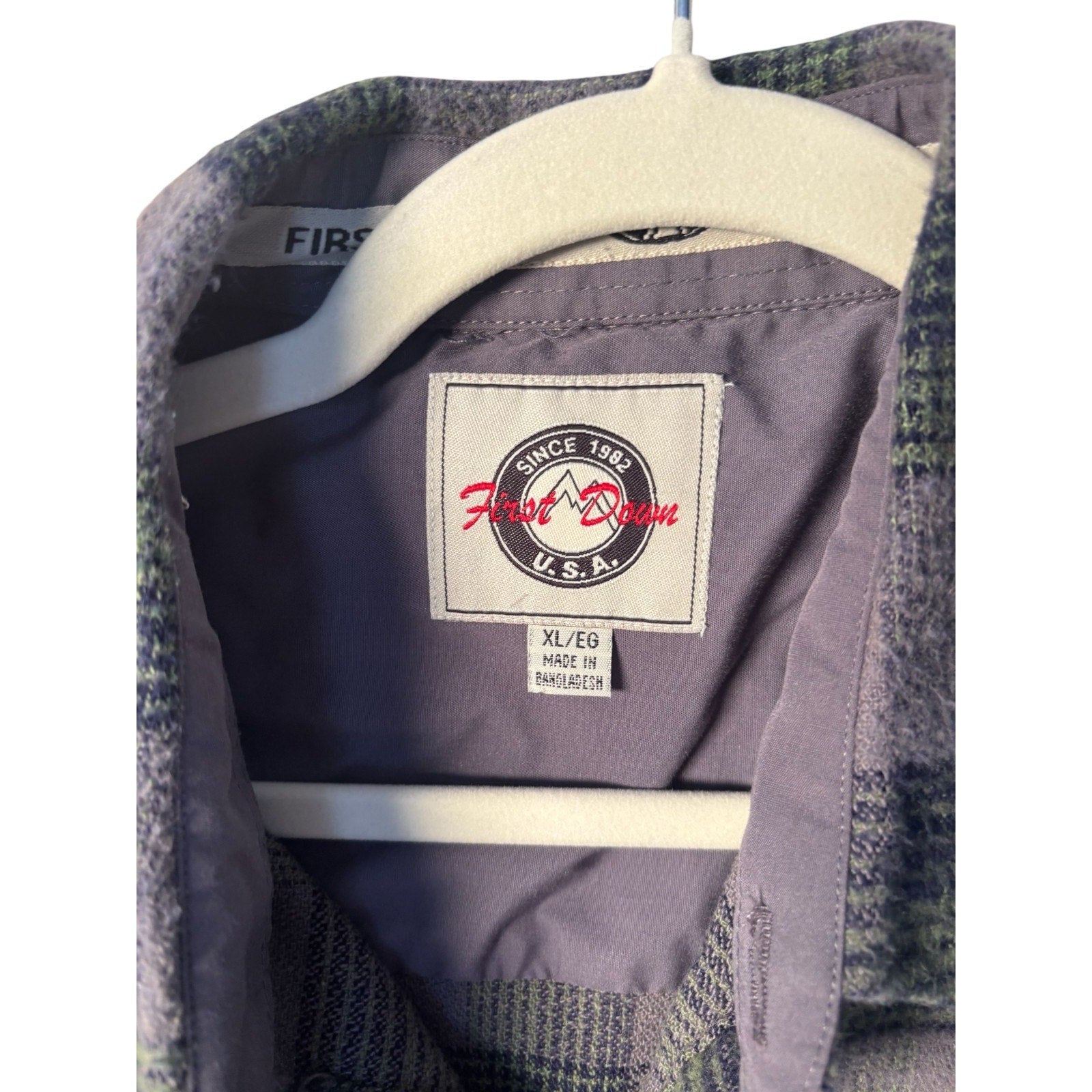 First Down USA Mens XL Plaid Flannel Shirt Gray Green Outdoor Hiking Button Up