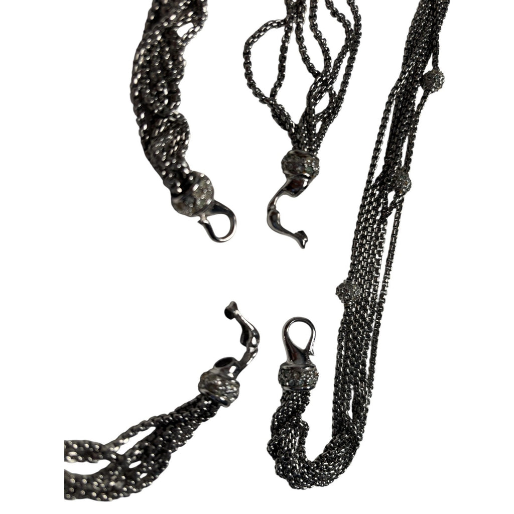 Layered Gunmetal Chain Necklace Multi Strand Crystal Bead Statement Jewelry