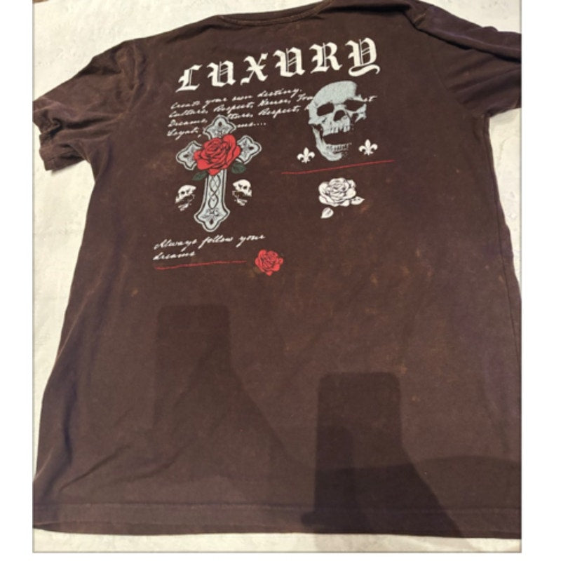 Taco Tuesdays Luxury Skull Rose Graphic T Shirt XL Brown Distressed Goth Punk