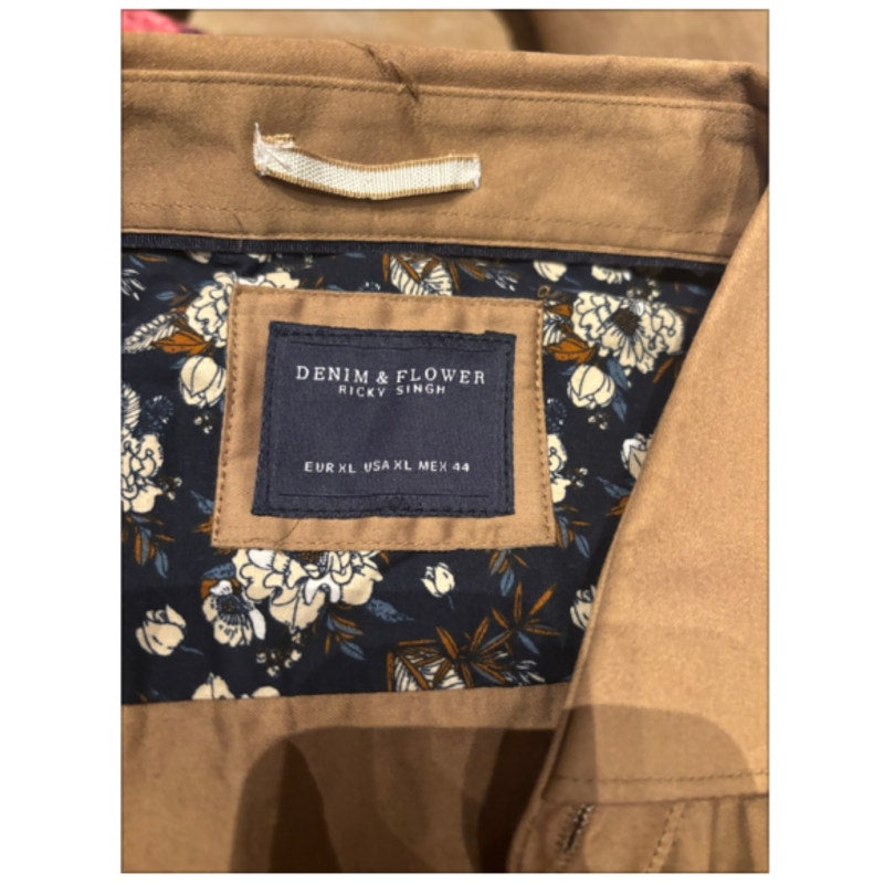Denim & Flower Ricky Singh XL 44 Satin Button Up Shirt Brown Floral Trim NWT