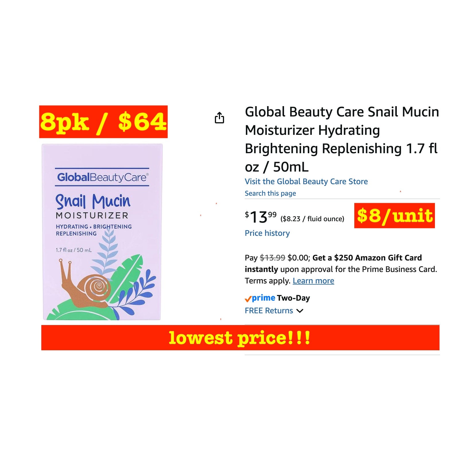 8pack ... Global Beauty Care Snail Mucin Moisturizer Hydrating Brightening Replenishing 1.7 fl oz / 50mL by Global Beauty Care | Beauty & Personal Care