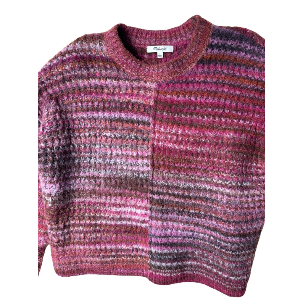 Madewell women’s striped fuzzy knit sweater/cardigan, size Small, in pink / berr