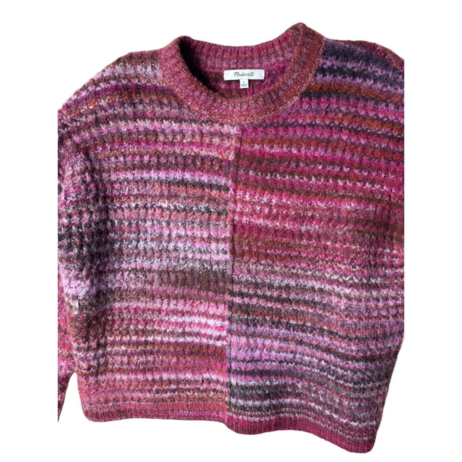 Madewell women’s striped fuzzy knit sweater/cardigan, size Small, in pink / berr