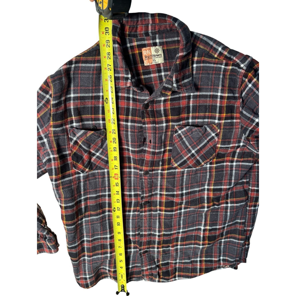 Ruff Hewn Mens XL Plaid Flannel Shirt Red Black Button Front Long Sleeve Cotton