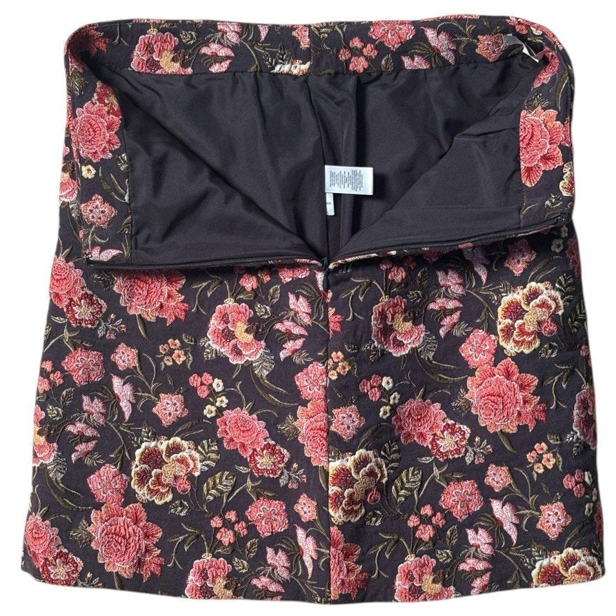 Women’s Floral Jacquard Mini Skirt Black Pink Tapestry Brocade A-Line 0P