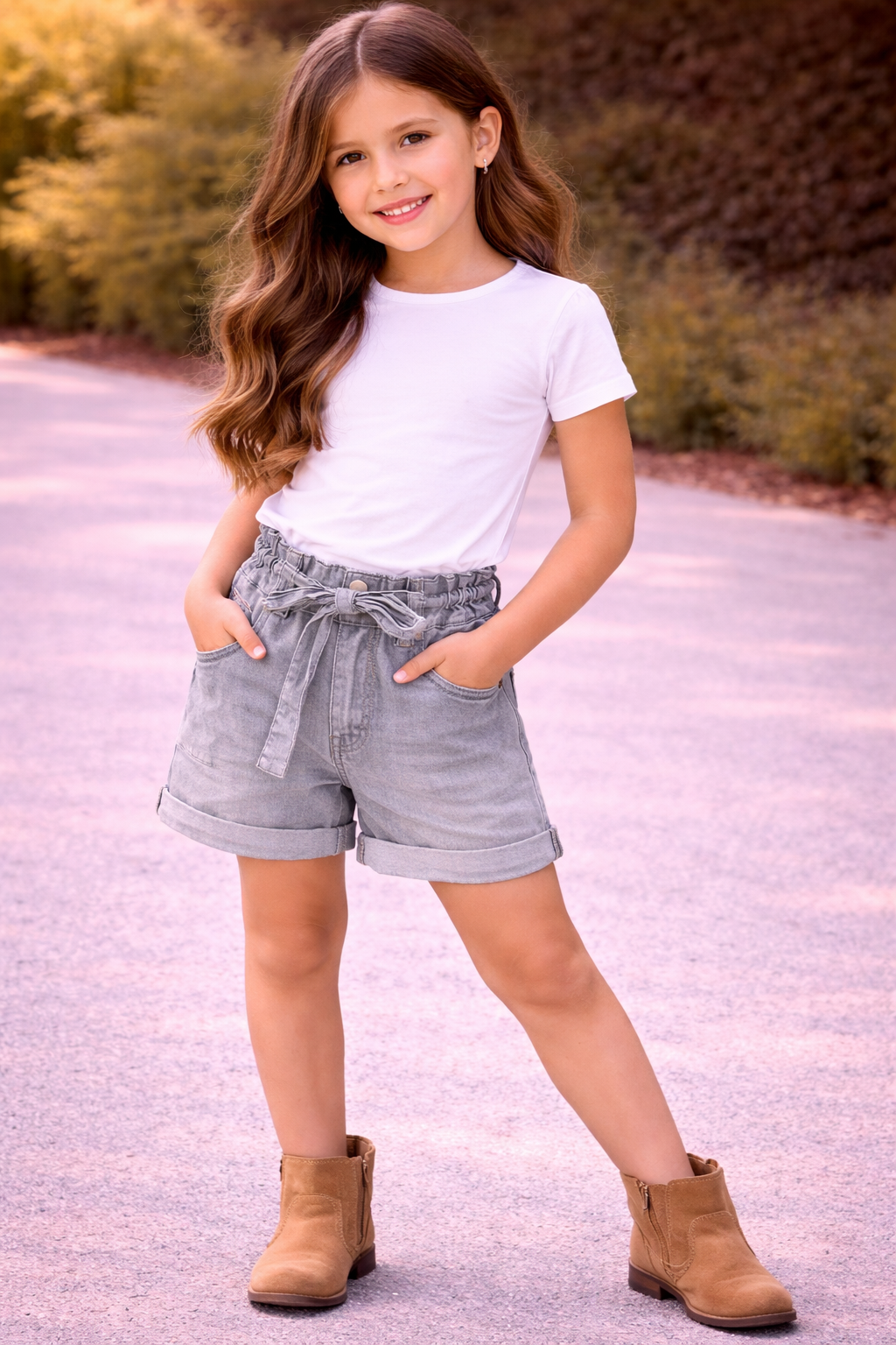 Joe’s Jeans KIDS Paperbag Waist Denim Shorts Tie Belt Blue Gray Rolled Hem KDS02
