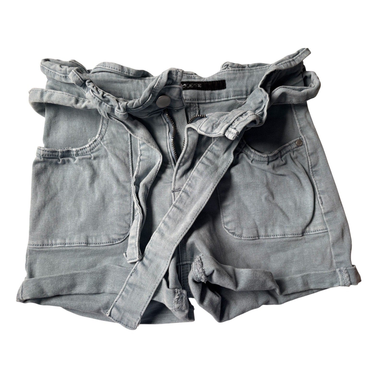 Joe’s Jeans KIDS Paperbag Waist Denim Shorts Tie Belt Blue Gray Rolled Hem KDS02