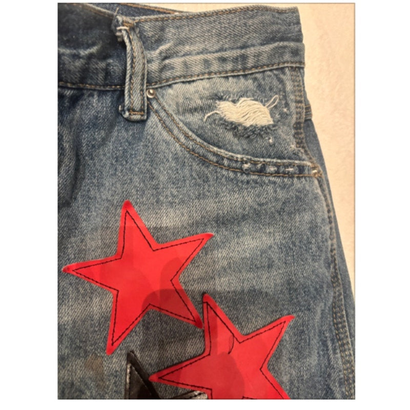 Y2K Star Patch Jeans Wide Leg Distressed Denim Festival Carpenter Pants