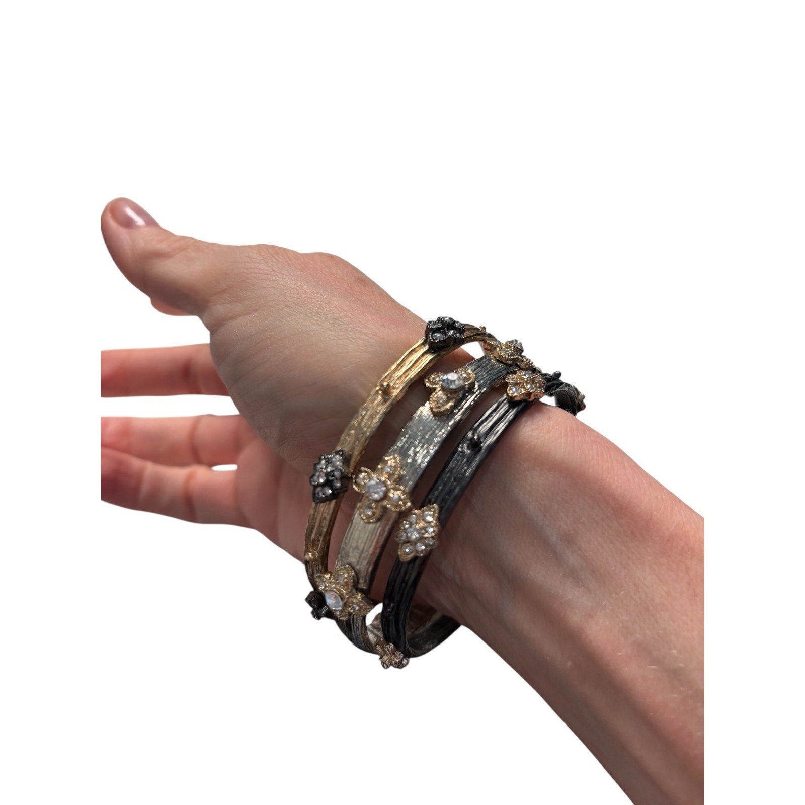 Boho Stacked Bangle Set Mixed Metal Gold Silver Crystal Floral Bracelets Layered
