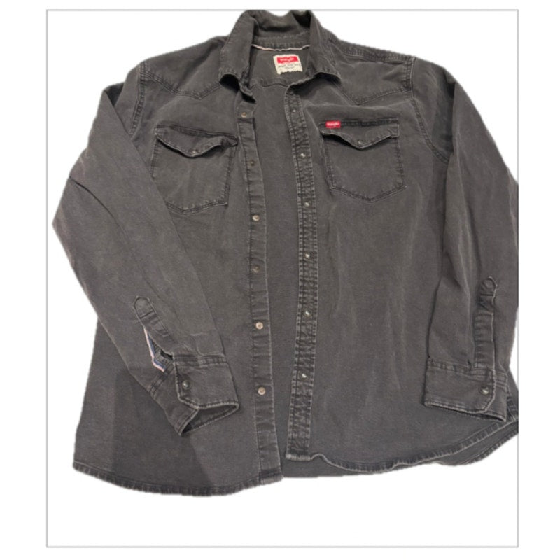 Wrangler Western Snap Shirt Mens Black Washed Workwear Pearl Snap Button Up