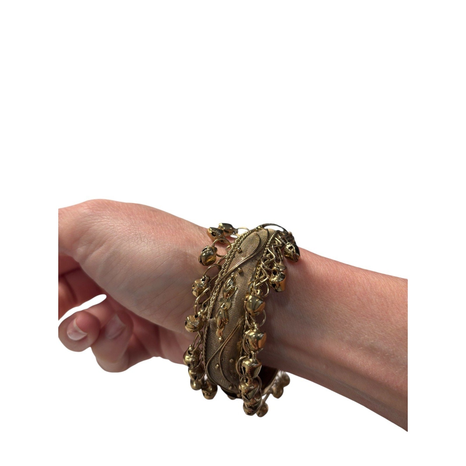 Tribal Boho Cuff Bracelet Gold Tone Jingle Bell Dangle Statement Festival Jewelr