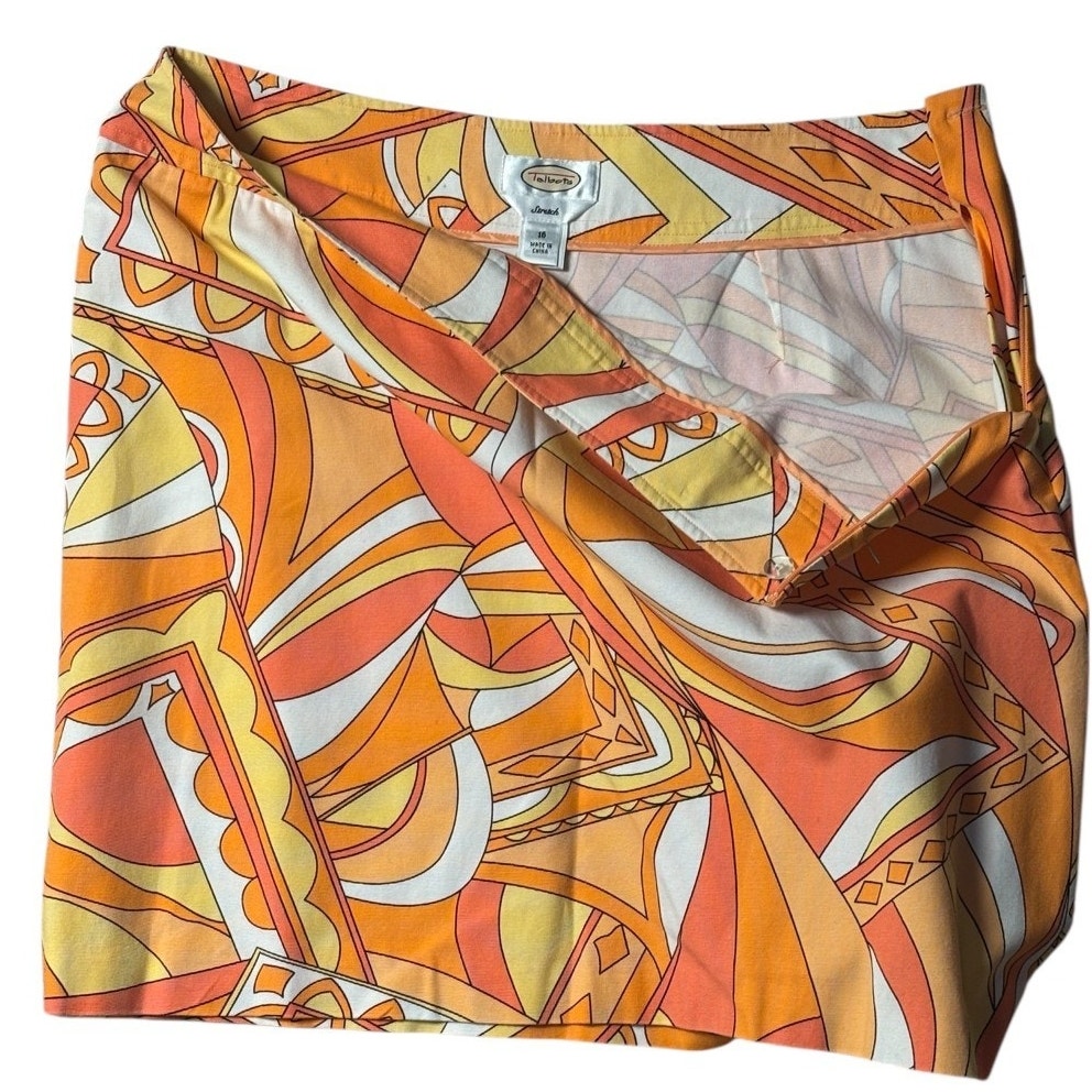 Talbots Women Abstract Print Skort Orange Yellow Wrap Style Mini Skirt 16 SKT04