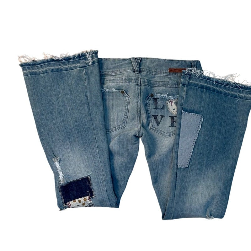 Almost Famous Y2K Patchwork Jeans Flare Distressed Indie Boho Festival 42001