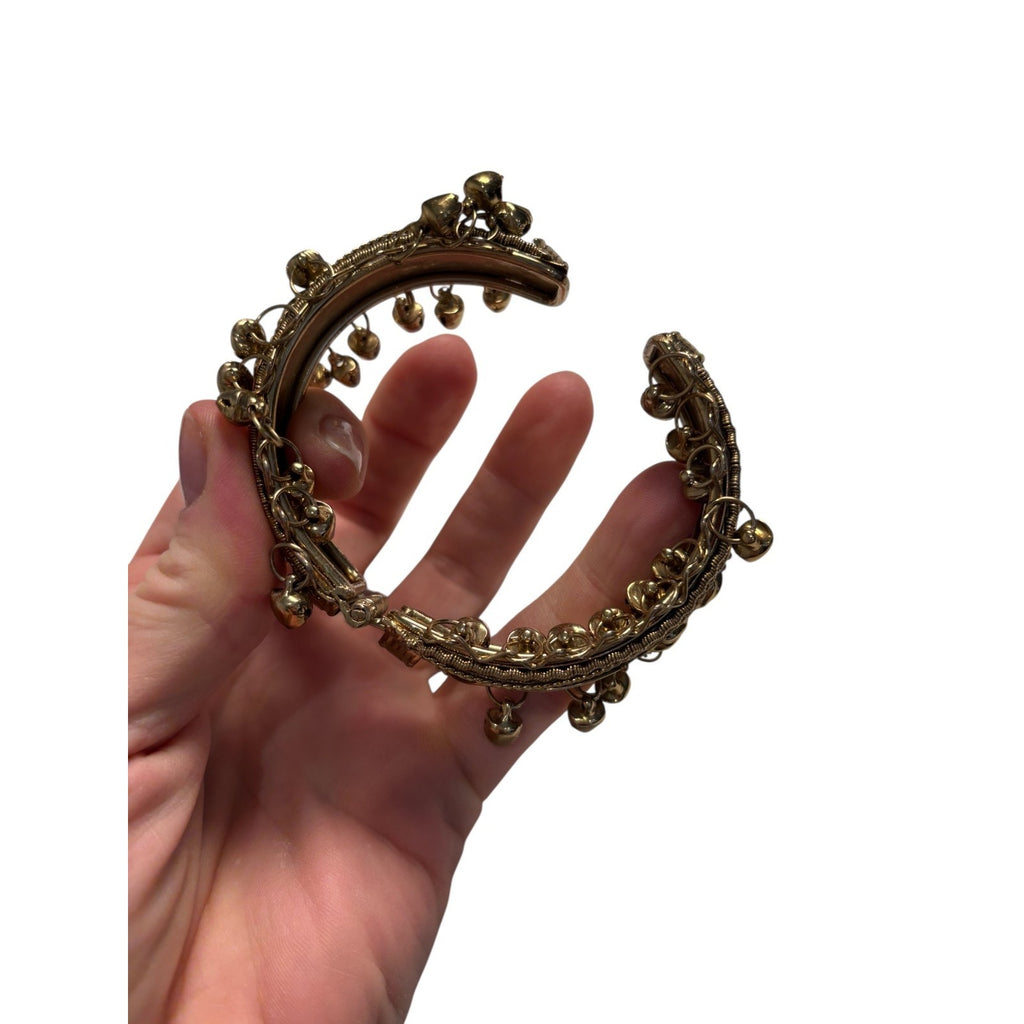 Tribal Boho Cuff Bracelet Gold Tone Jingle Bell Dangle Statement Festival Jewelr